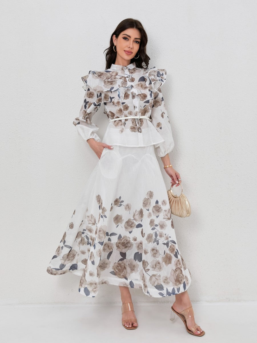 Ruffled Lantern Sleeve Print Blouse Maxi Skirt Set