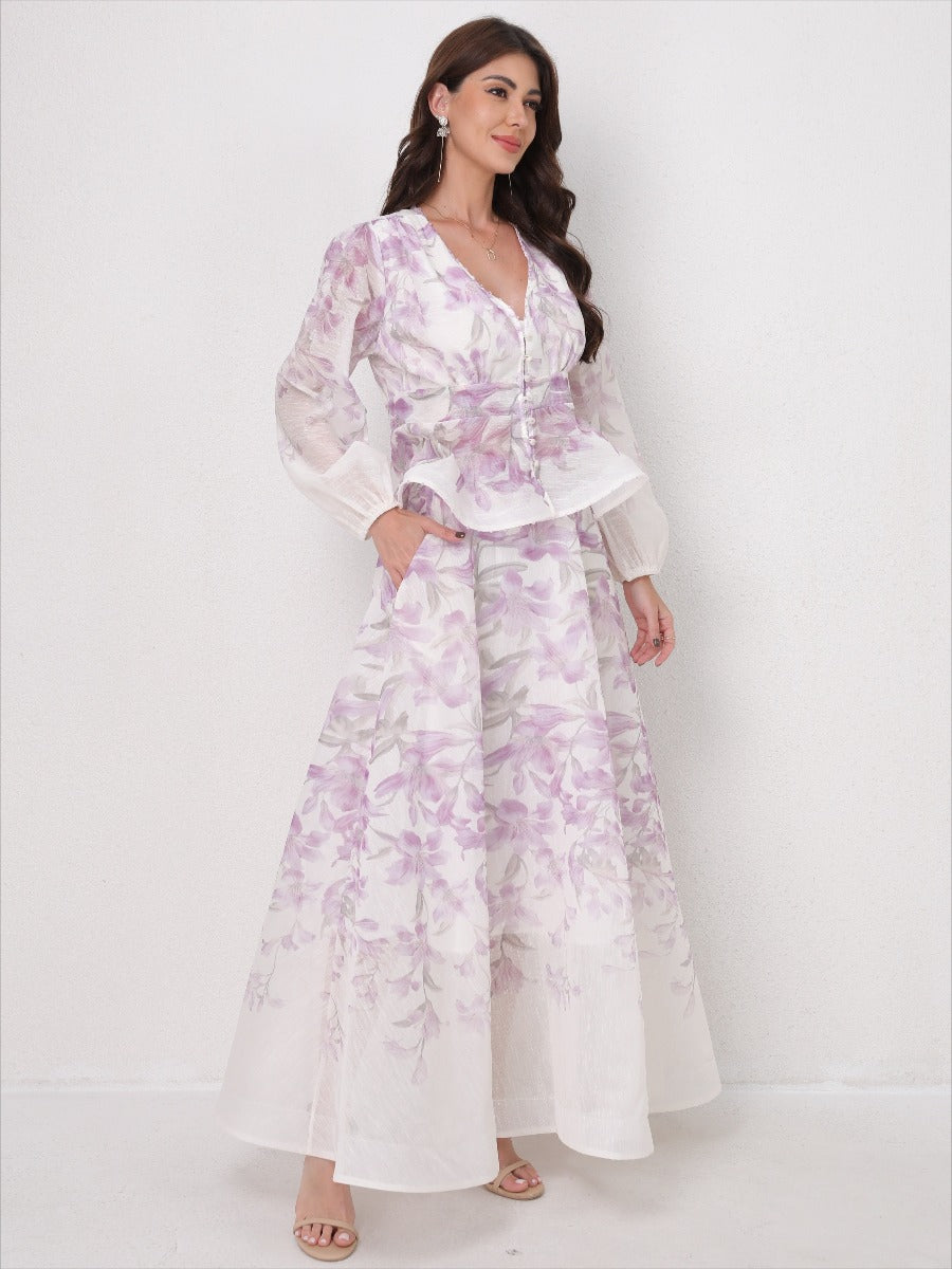 V-Neck Beaded Ruffle Top Midi Skirt Set