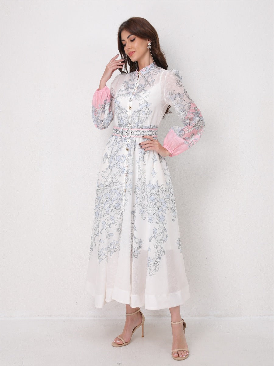 Vintage Printed Lantern Long Sleeves Elegant Dress
