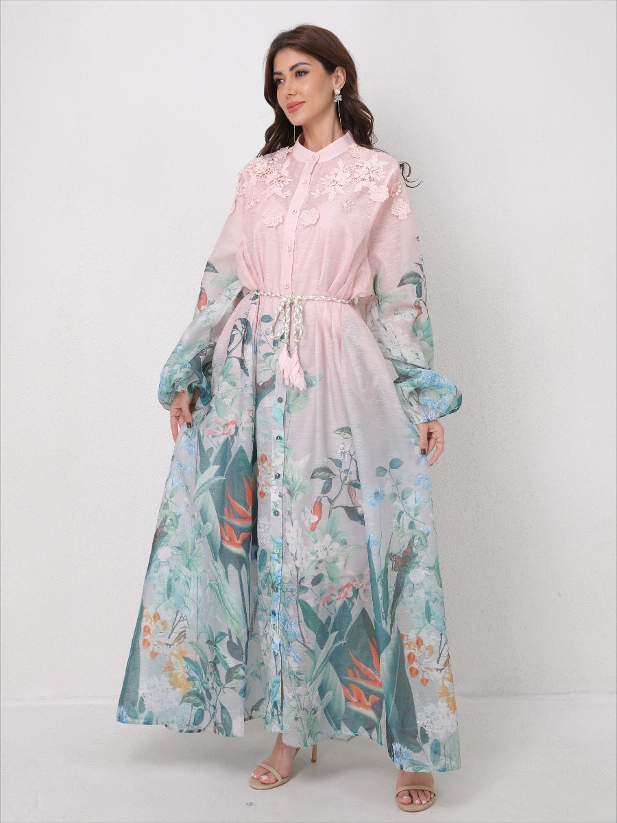 Flared Tie-Waist Print Maxi Dress