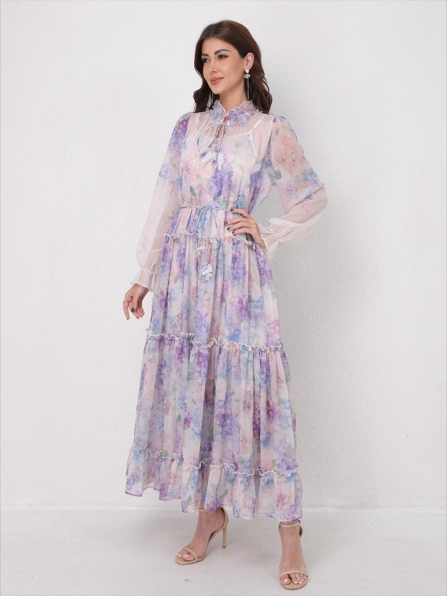 Tie-Waist Long Sleeve Flowy Maxi Dress
