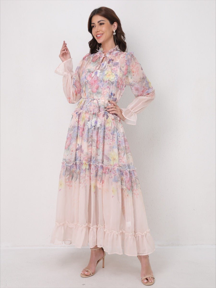Tie-Waist Long Sleeve Flowy Maxi Dress