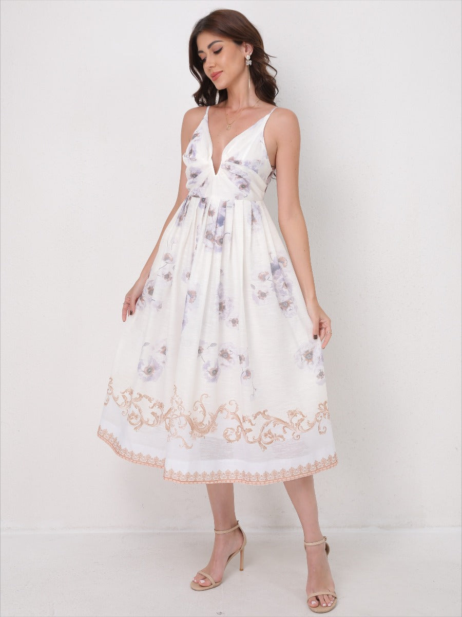 Vintage Printed Straps V-Neck Beach Maxi Dress