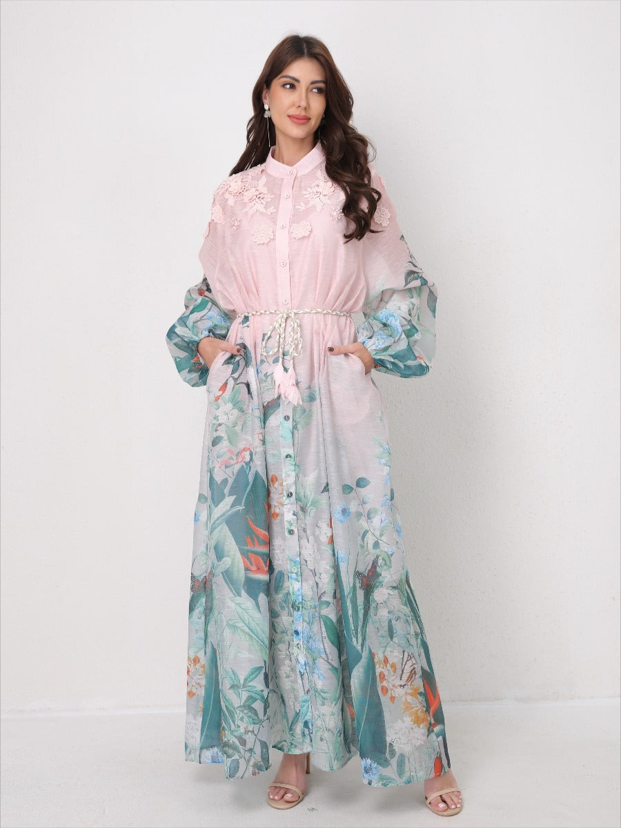 Flared Tie-Waist Print Maxi Dress