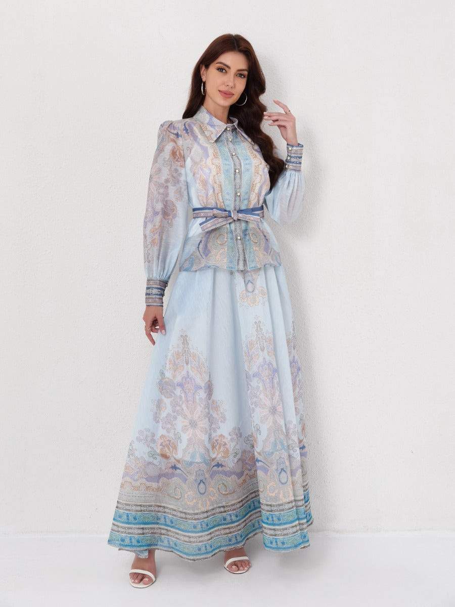 Long Sleeve Printed Blouse MaxiSkirt Set