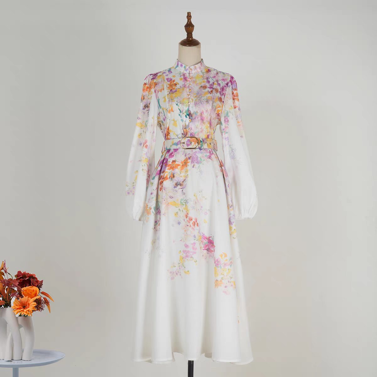 Printed Stand Up Collar Dress