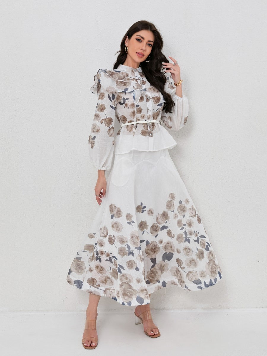 Ruffled Lantern Sleeve Print Blouse Maxi Skirt Set