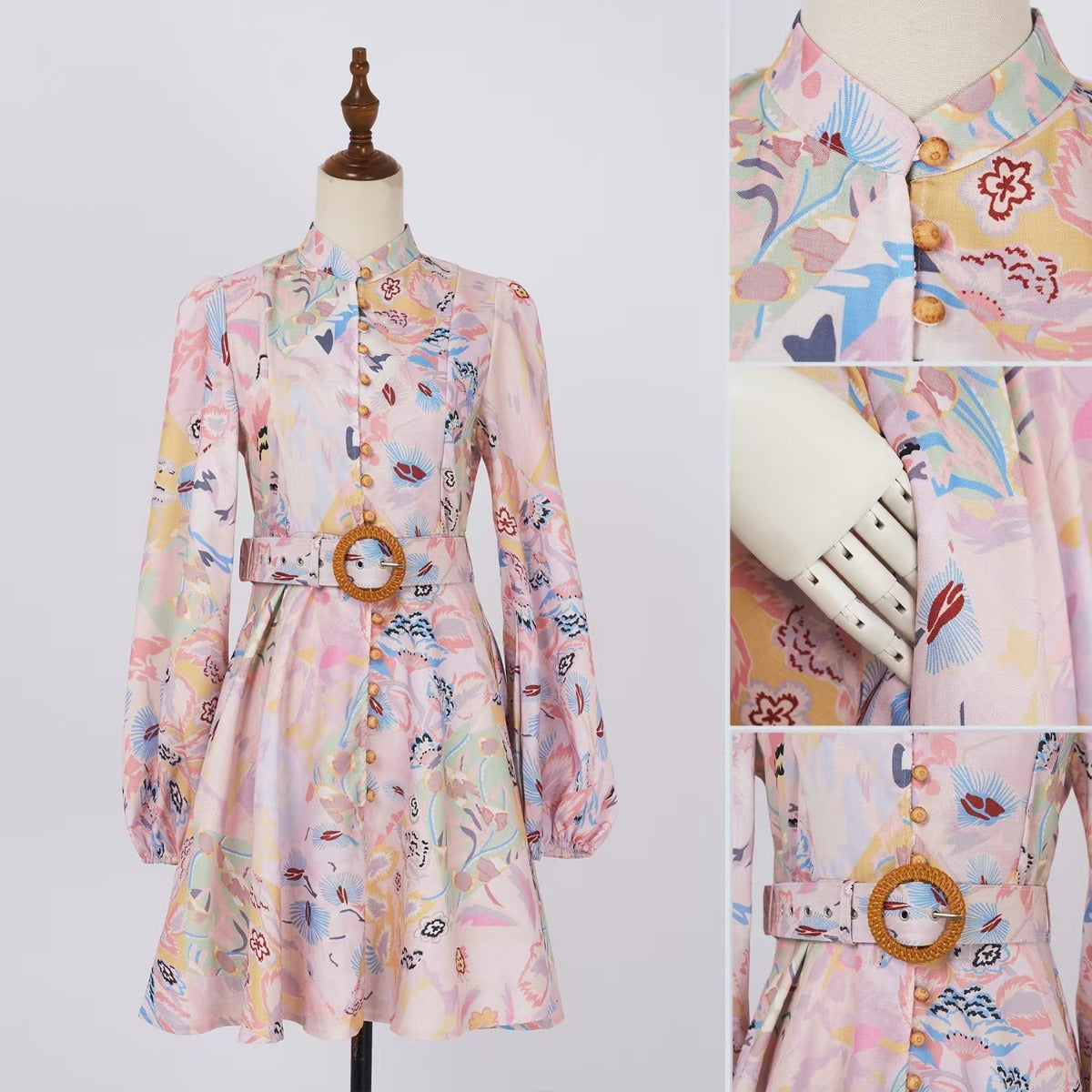 Stand Collar Lantern Sleeve Flower Print Short Dress