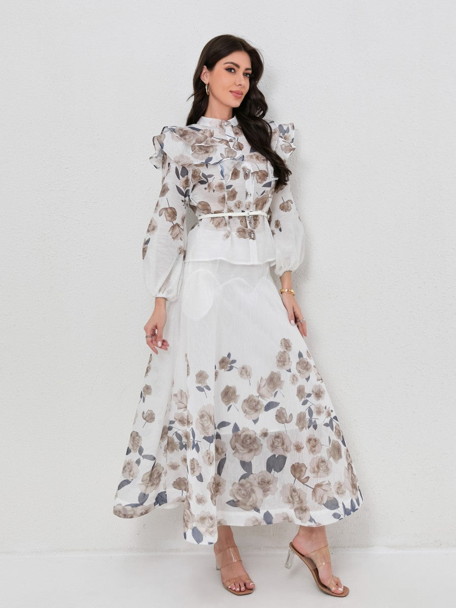 Ruffled Lantern Sleeve Print Blouse Maxi Skirt Set