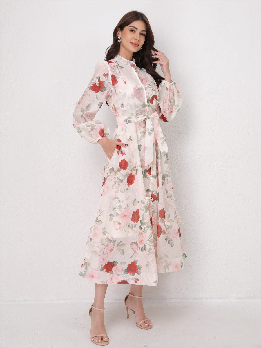 Single Breasted Long Sleeve Florals Maxi Dress