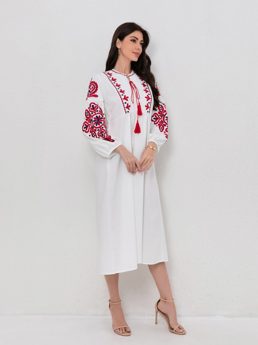 Bohemian Floral Embroidery Lantern Sleeve Dress