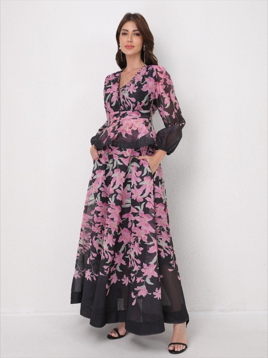 V-Neck Beaded Ruffle Top Midi Skirt Set