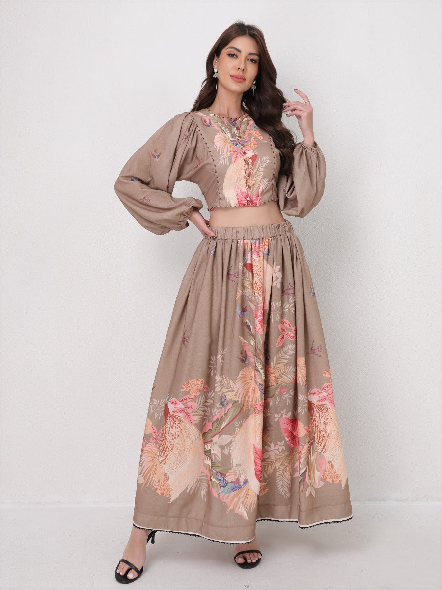 Vacation Floral Print Set Lantern Sleeve Shirt + Midi Skirt