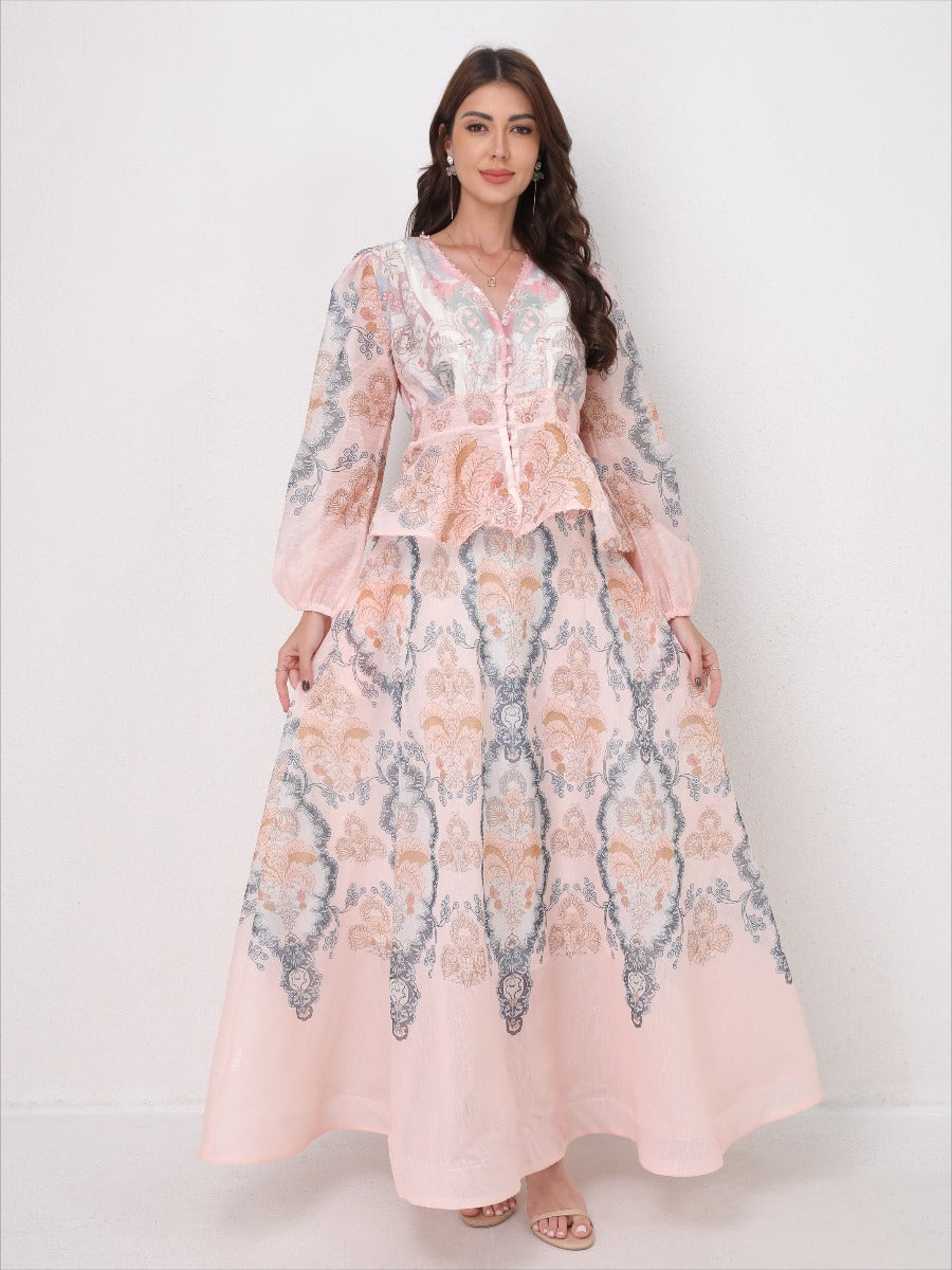 V-Neck Beaded Ruffle Top Midi Skirt Set