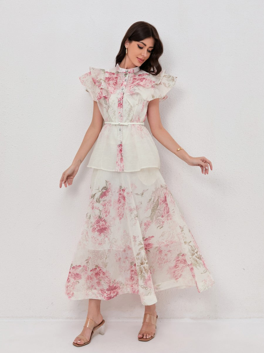 Stand Collar Blouse with Ruffled Sleeves Flowy Printed Skirt Set