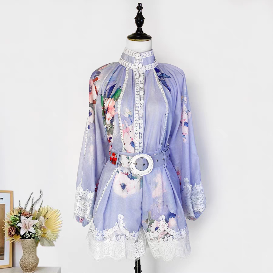 Lace Print Single-Breasted Shirt + Shorts Set