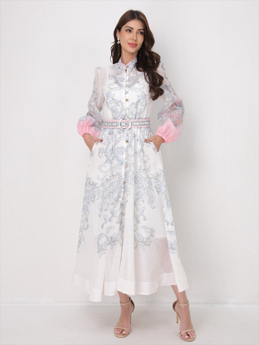 Vintage Printed Lantern Long Sleeves Elegant Dress