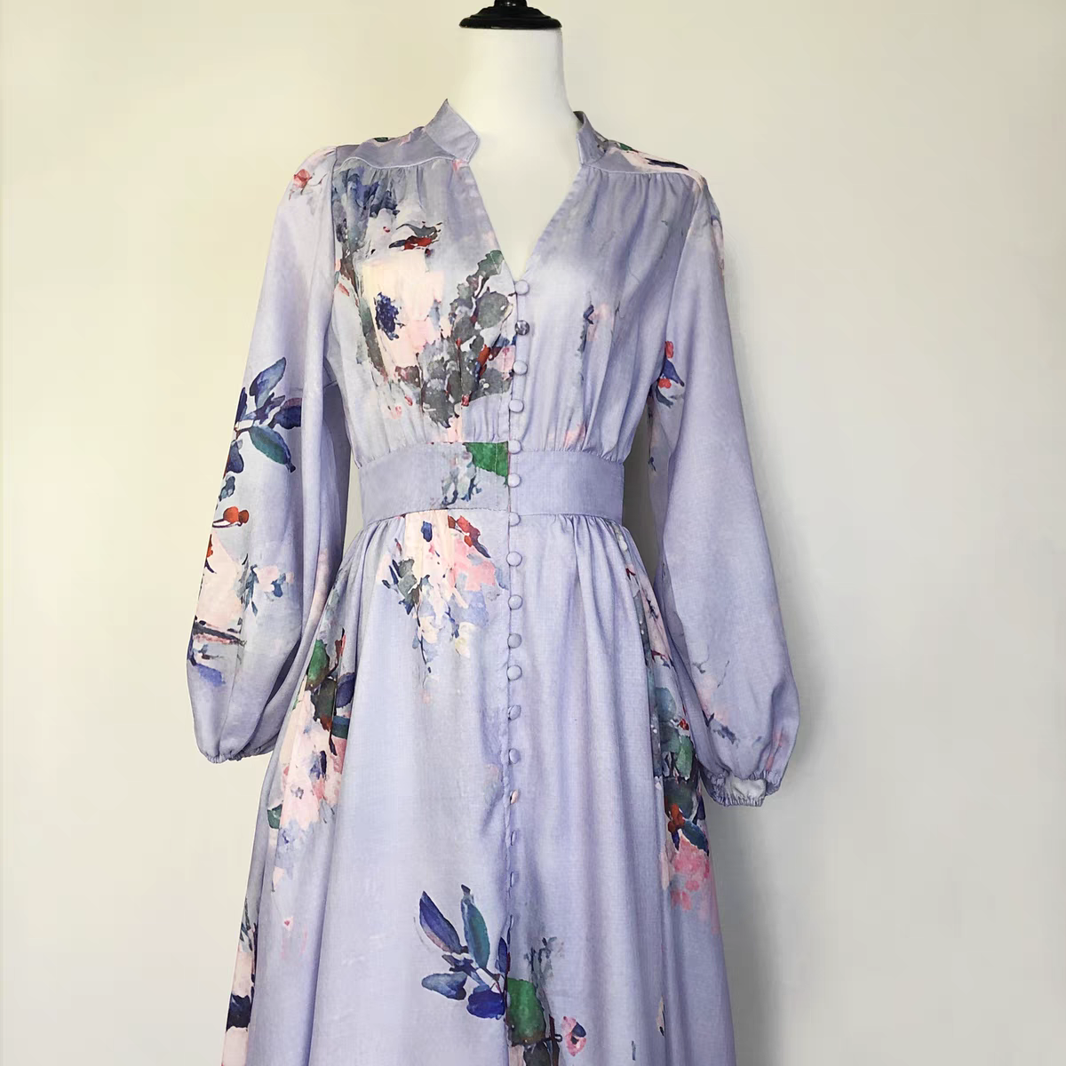 Printed V-neck Blue Long Dress