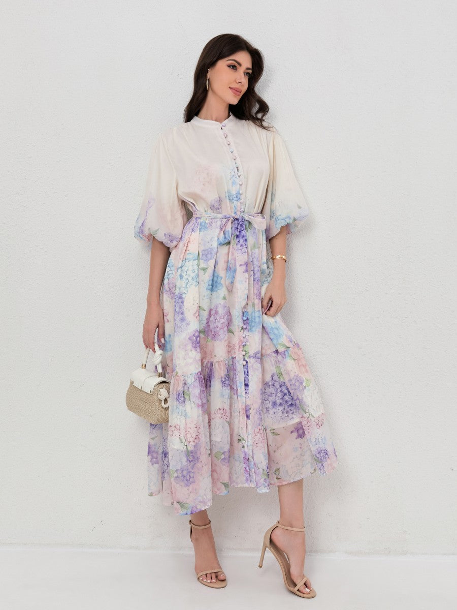 Slimming Puff Short Sleeve Print Dress
