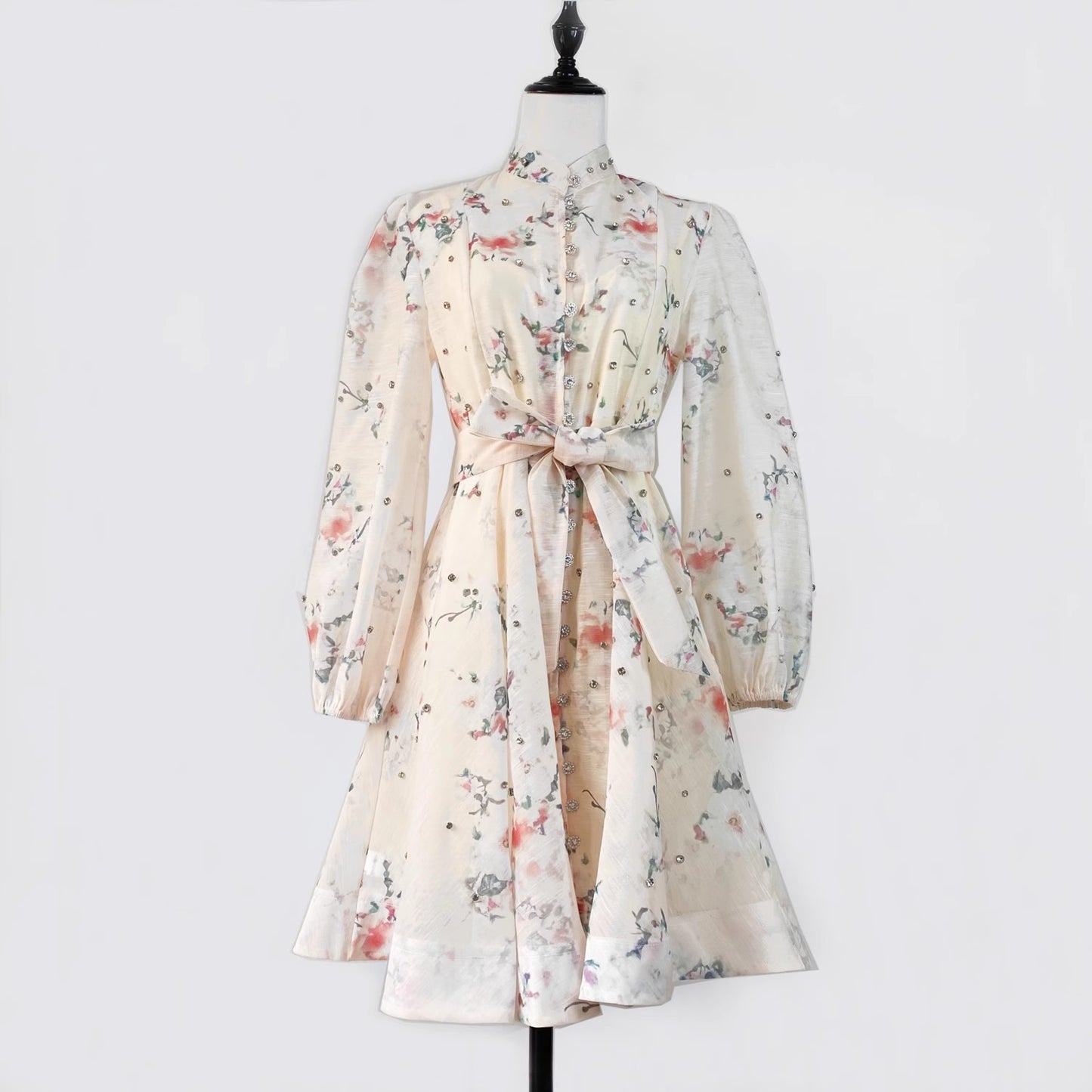 Lantern Sleeve Retro Flower Print Short Dress