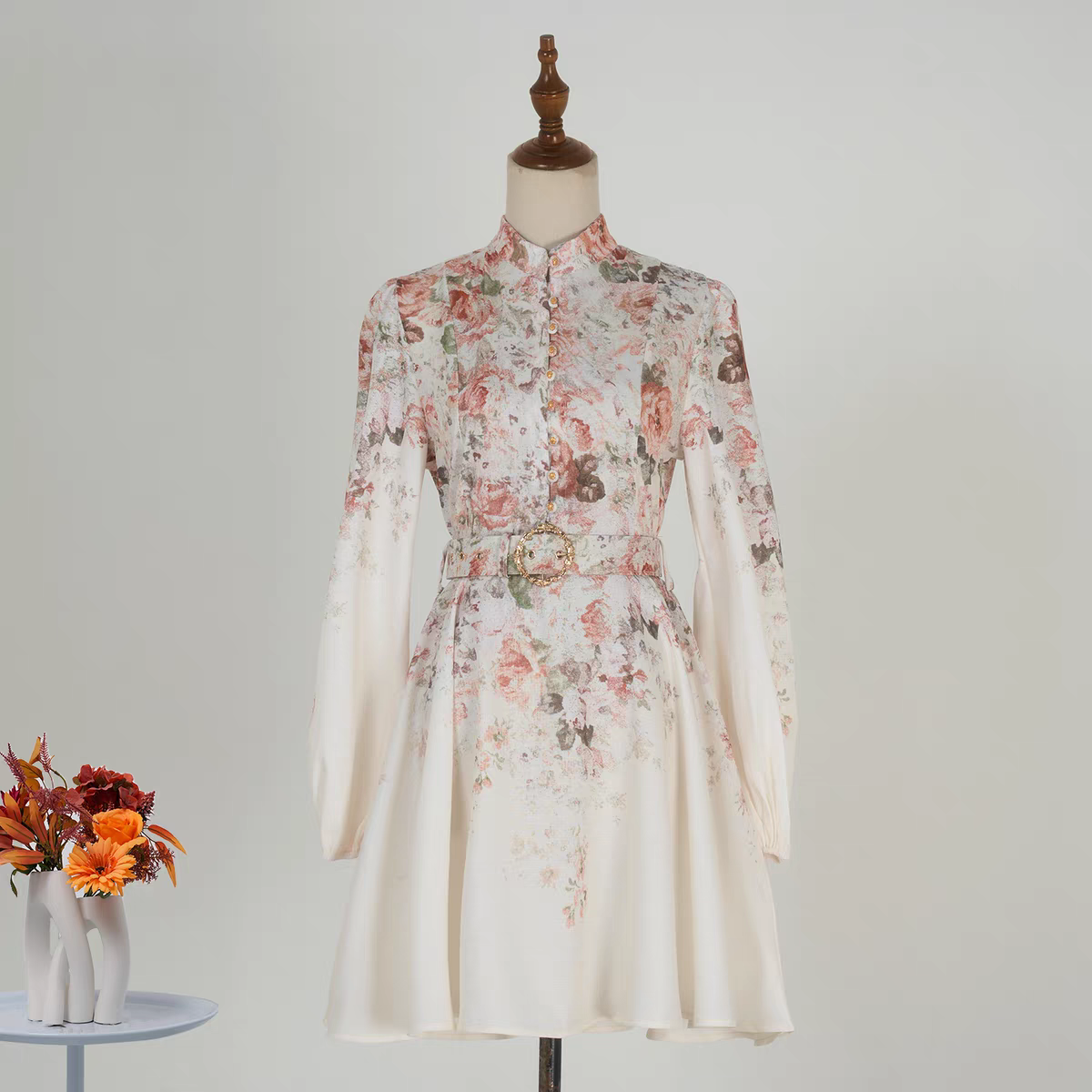 Pink Flower Stand Collar Lantern Sleeve Dress