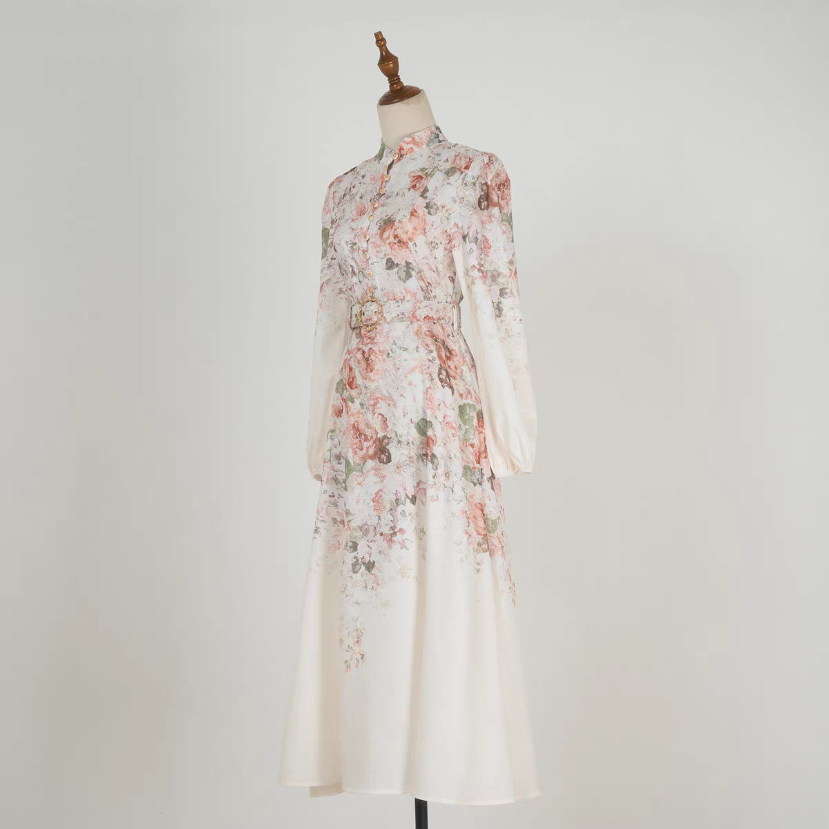 Pink Flower Stand Collar Lantern Sleeve Dress