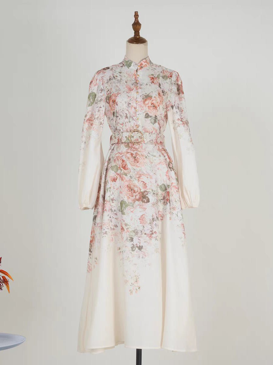 Pink Flower Stand Collar Lantern Sleeve Dress