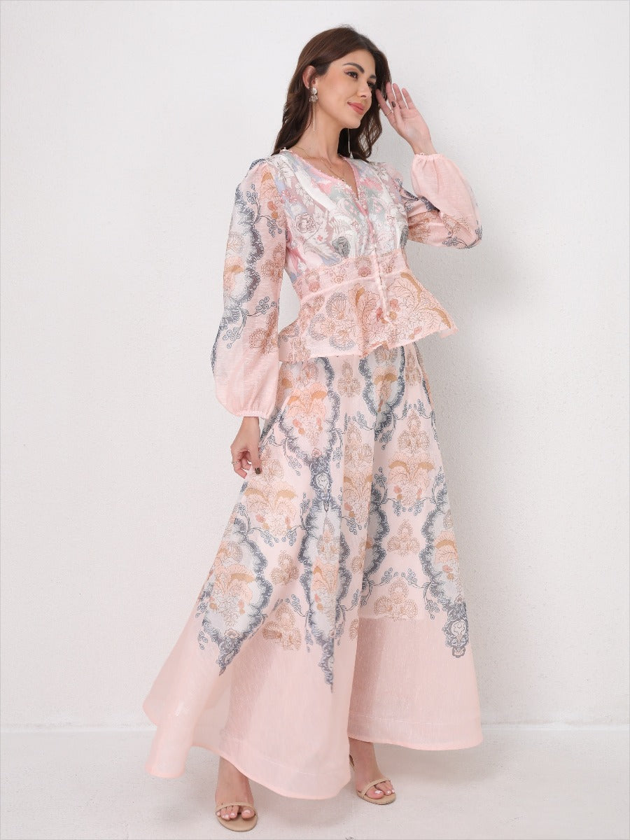 V-Neck Beaded Ruffle Top Midi Skirt Set