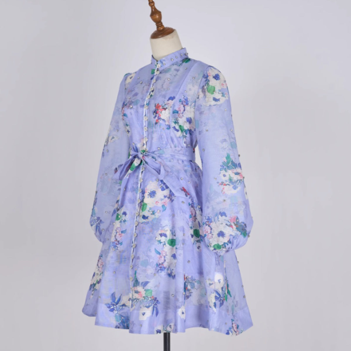 Flower Print Trend Bead Heavy Buttons Short Dress