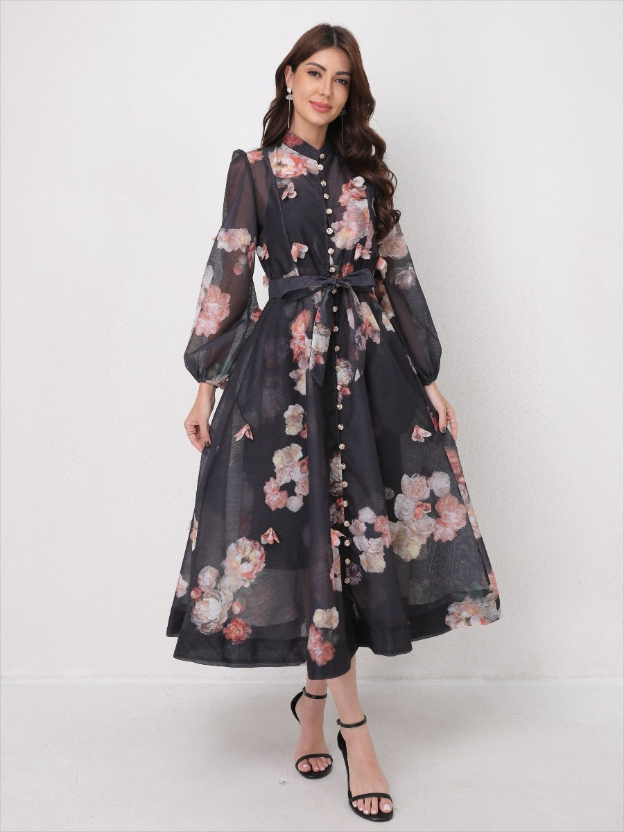 Single Breasted Long Sleeve Florals Maxi Dress