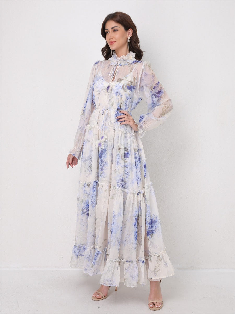 Tie-Waist Long Sleeve Flowy Maxi Dress