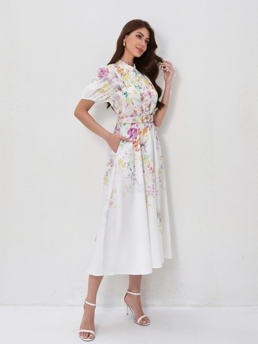 Stand Collar Lantern Sleeve Floral Prints Dresses