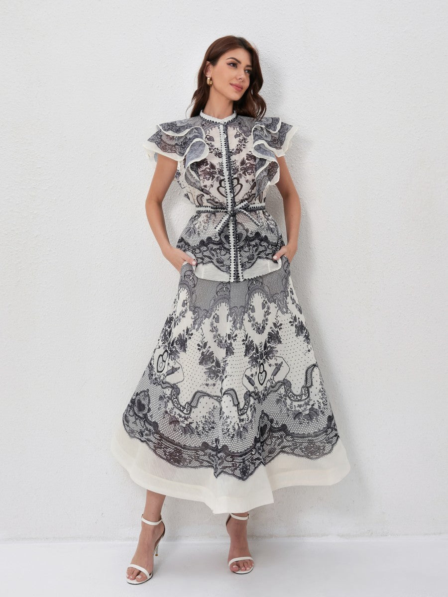 Ruffled Printed Shirt High Waist Skirt Set