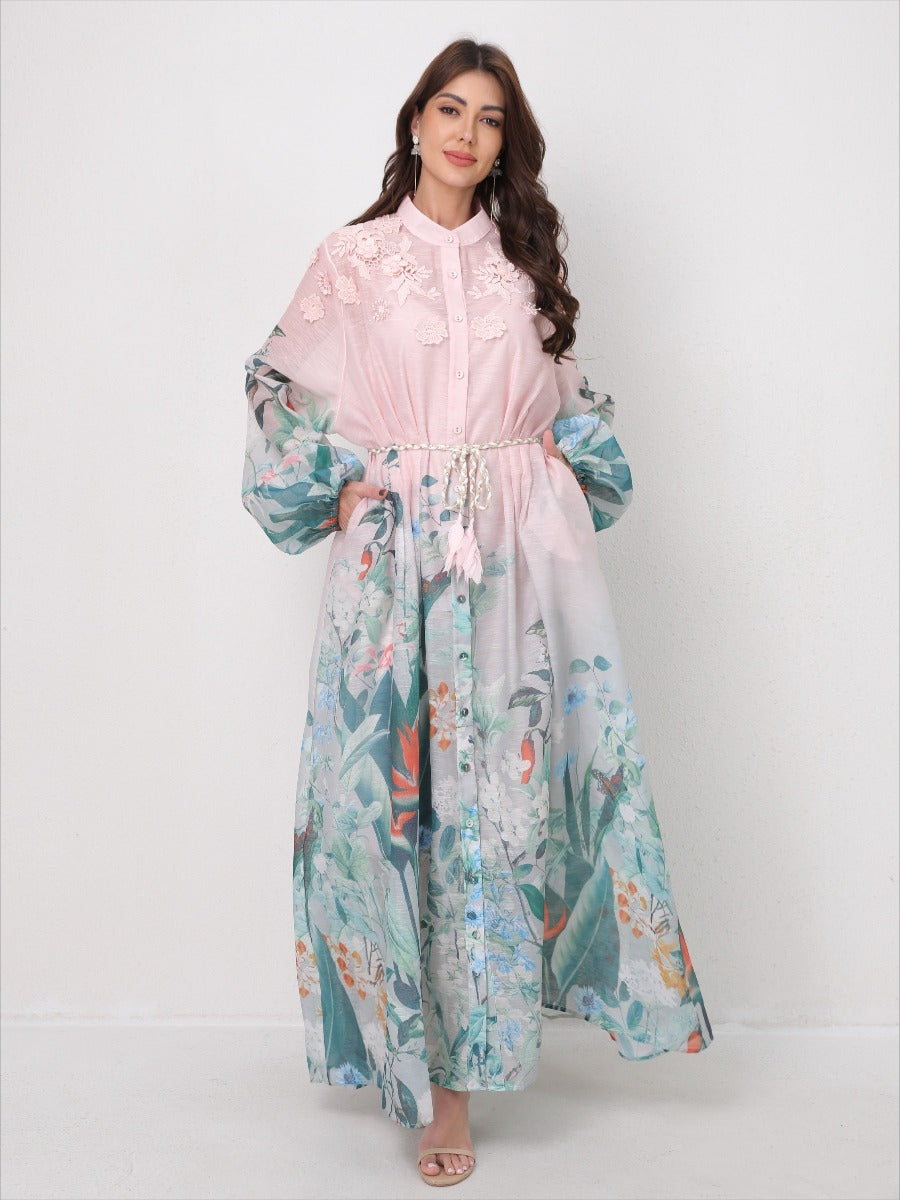 Flared Tie-Waist Print Maxi Dress