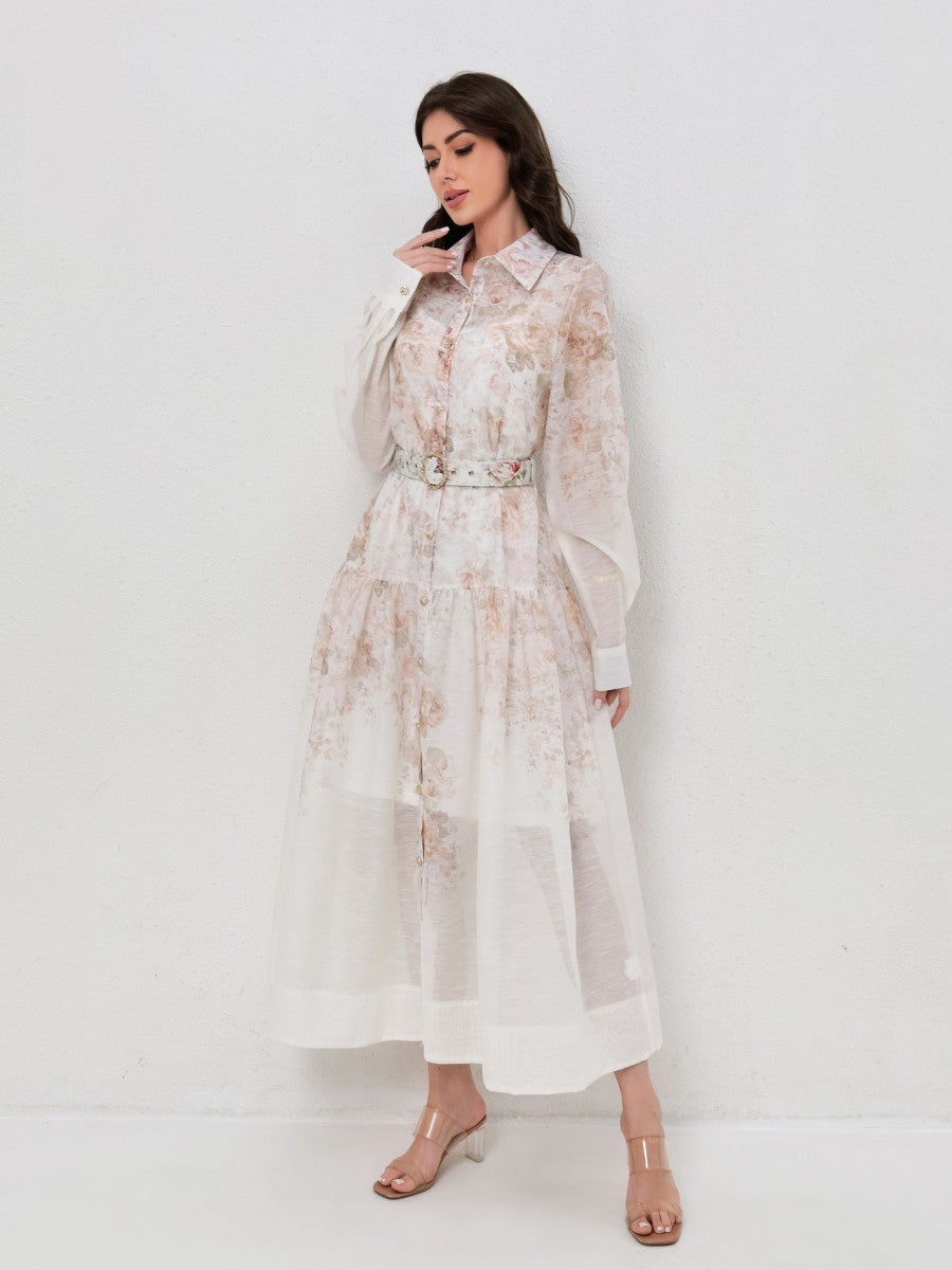 Classic Collared Long Sleeve Belted Print Dresses