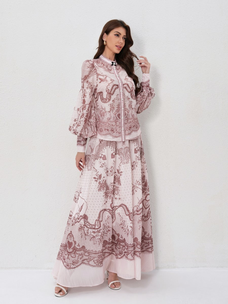 Set Stand Collar Button Top High Waist Vintage Floral Skirt