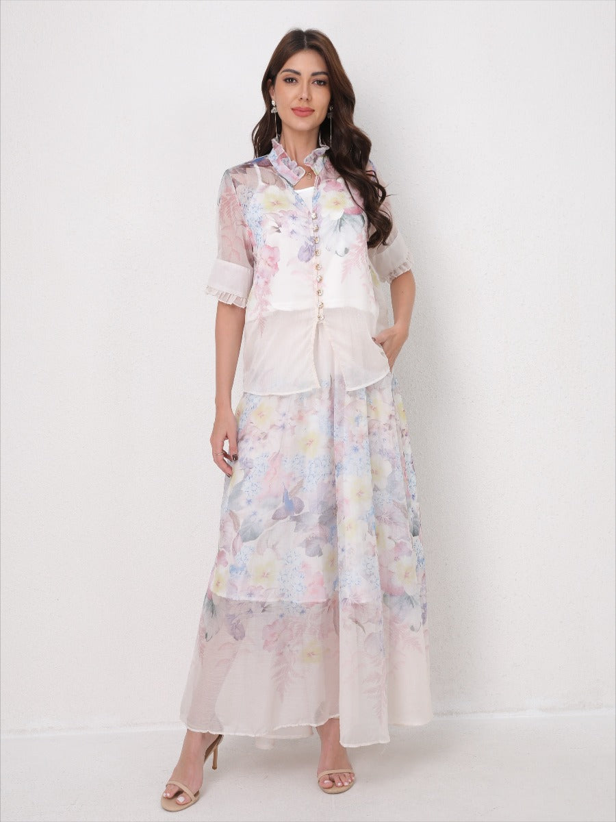 Lightweight Elegant Set Short Sleeve Blouse+Midi Skirt