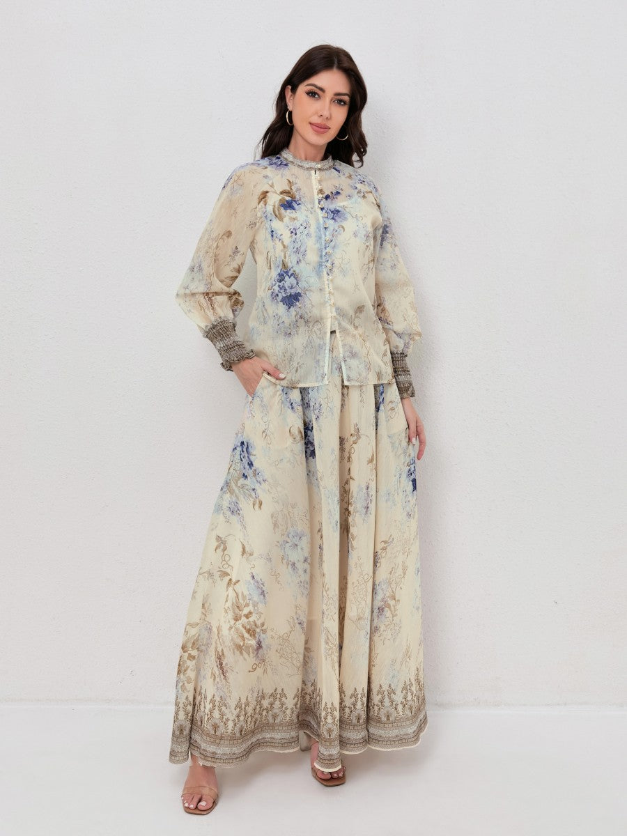Floral Print Long Sleeve Shirt Matching Maxi Skirt Set