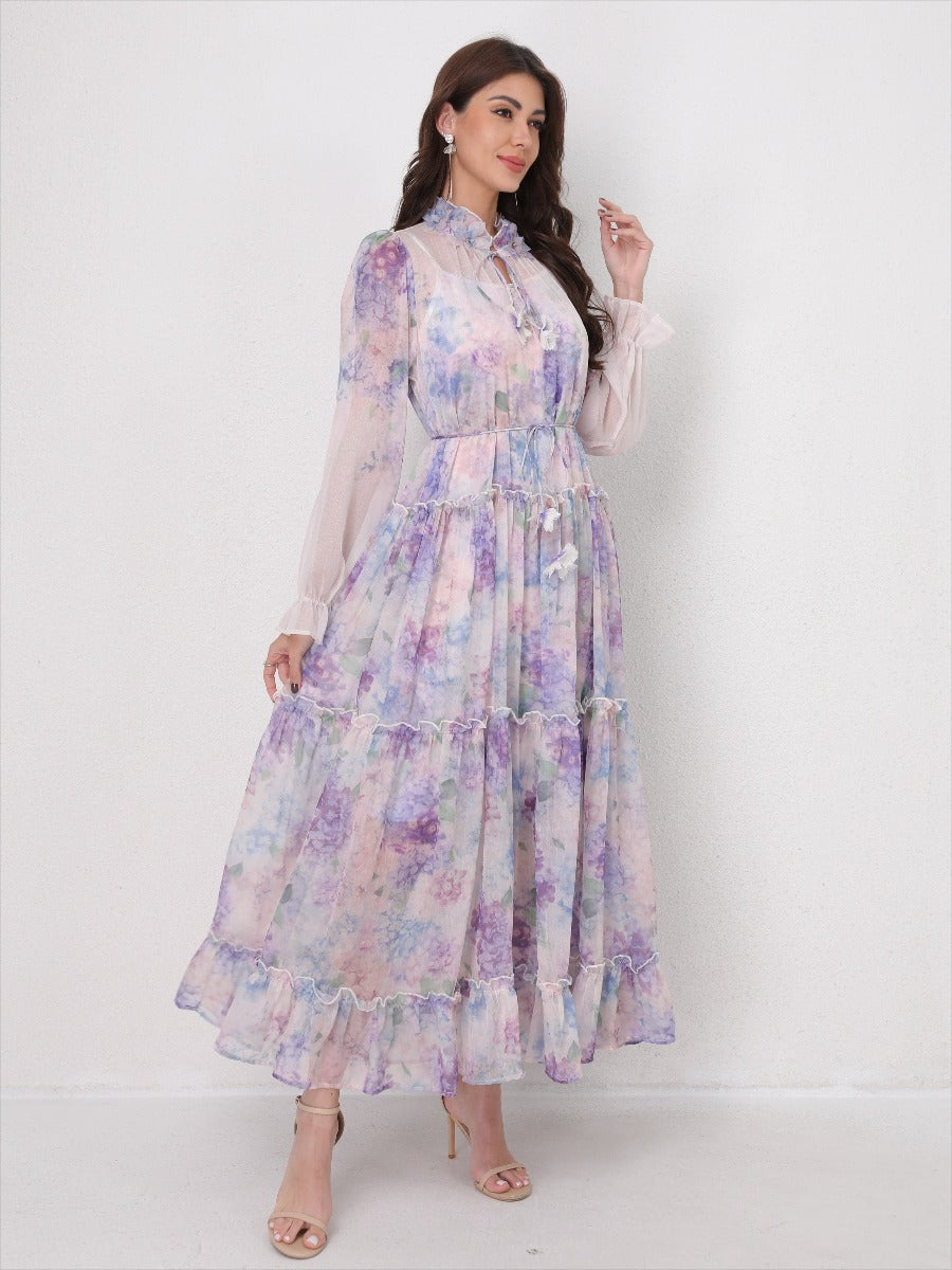 Tie-Waist Long Sleeve Flowy Maxi Dress