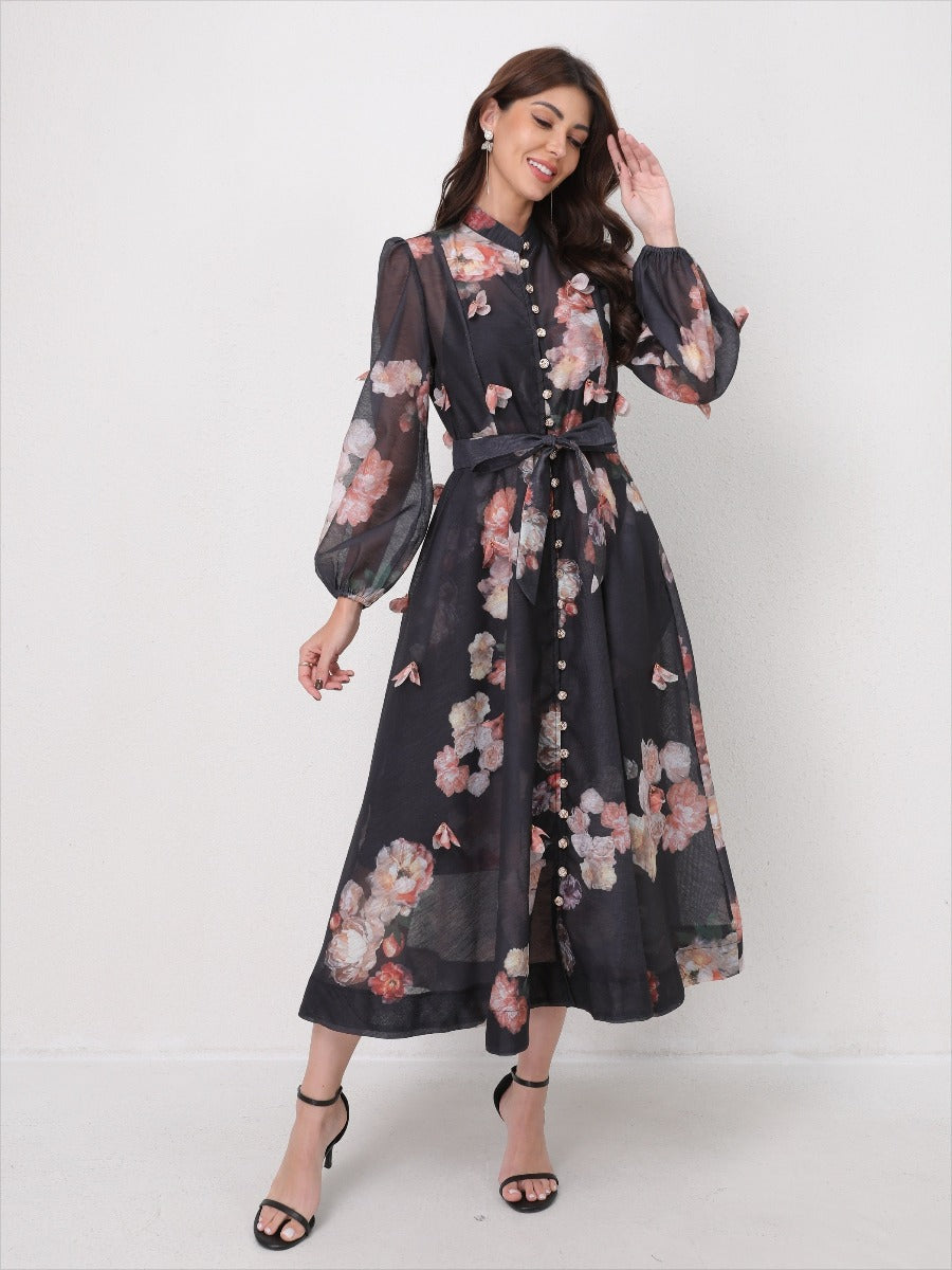 Single Breasted Long Sleeve Florals Maxi Dress
