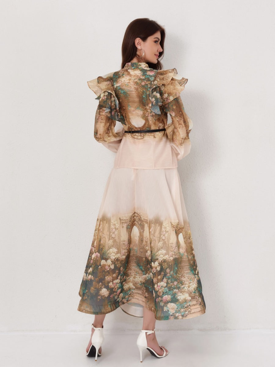 Printed Lantern Sleeve Blouse Puff Skirt Set
