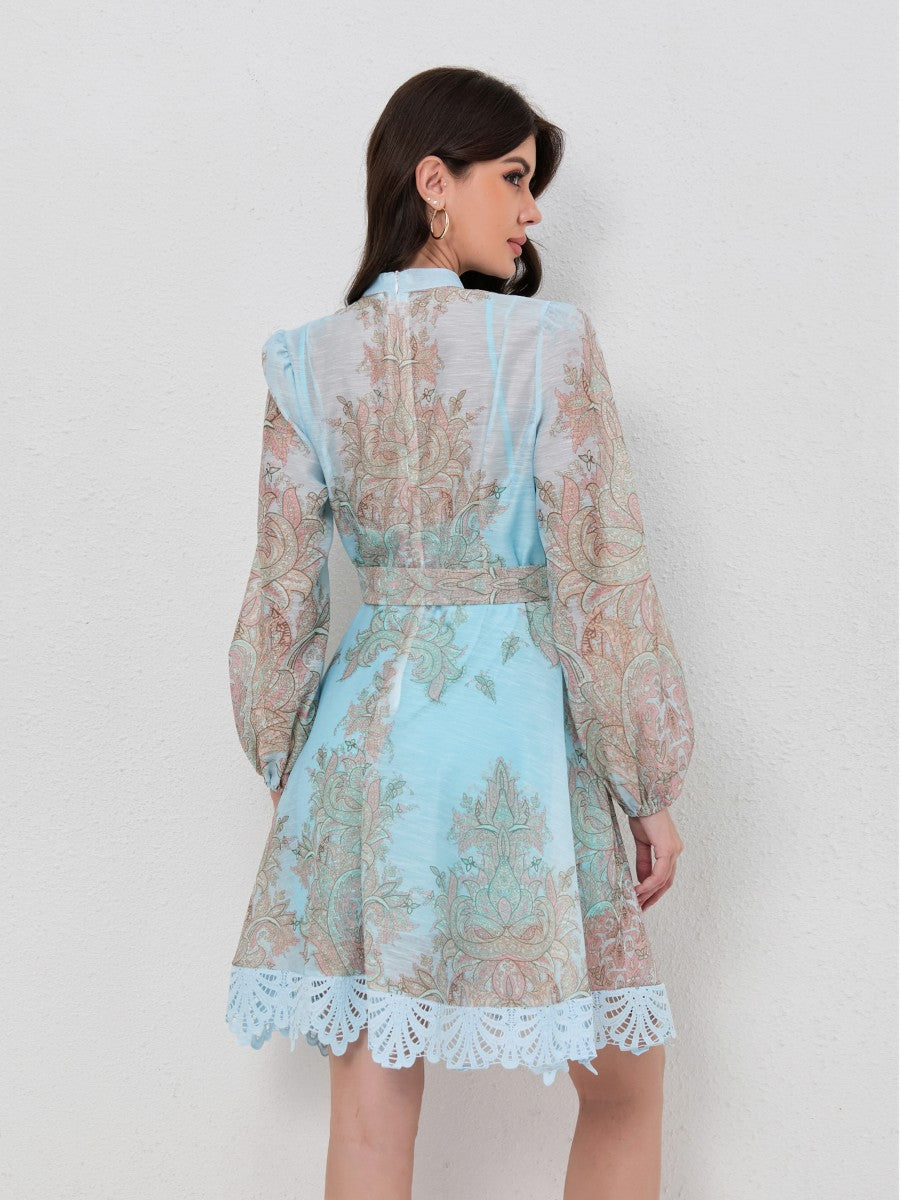 Bohemian Lantern Sleeve Print Lace Dress