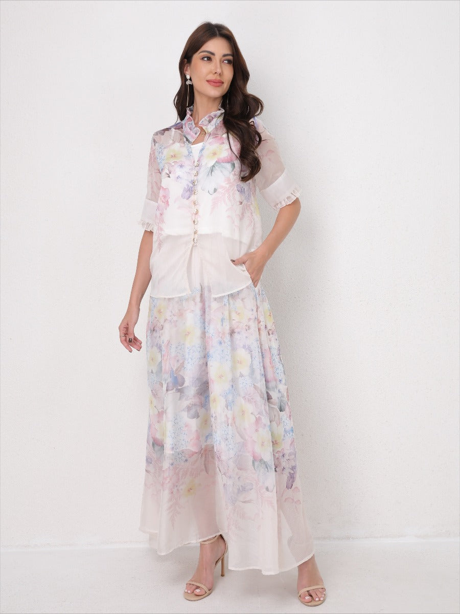Lightweight Elegant Set Short Sleeve Blouse+Midi Skirt