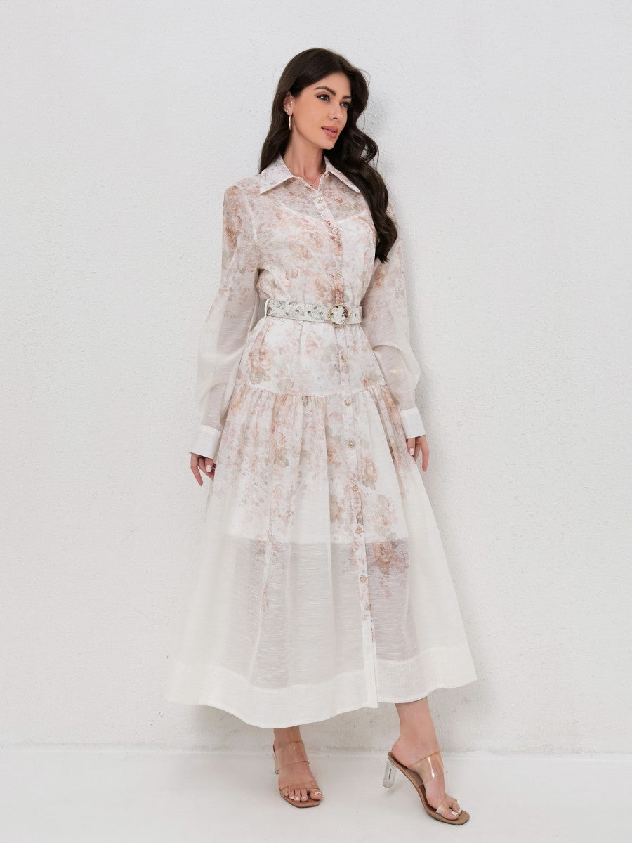Classic Collared Long Sleeve Belted Print Dresses