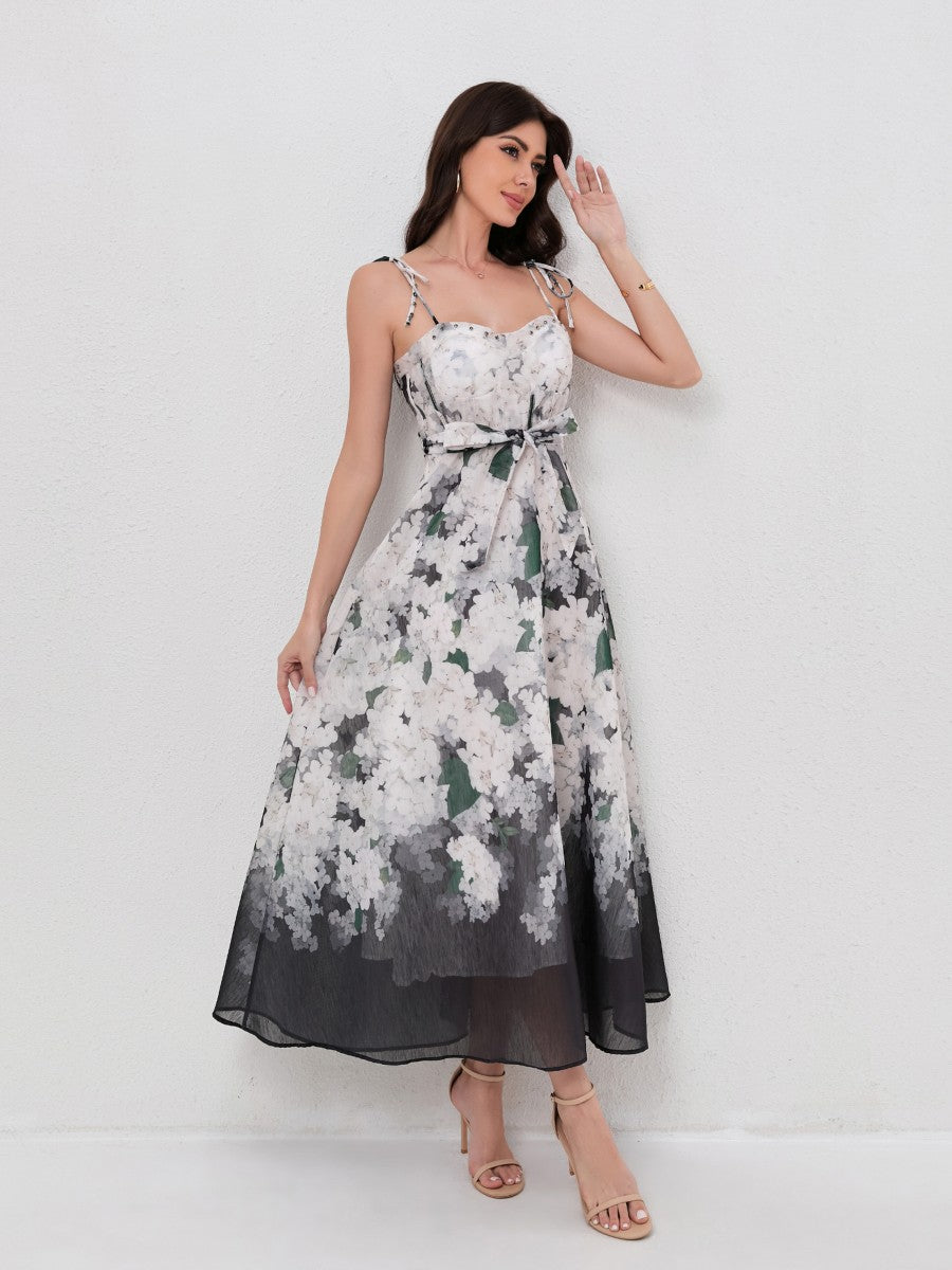 Fashion Print V-Neck Sling Dress with Waist Tie