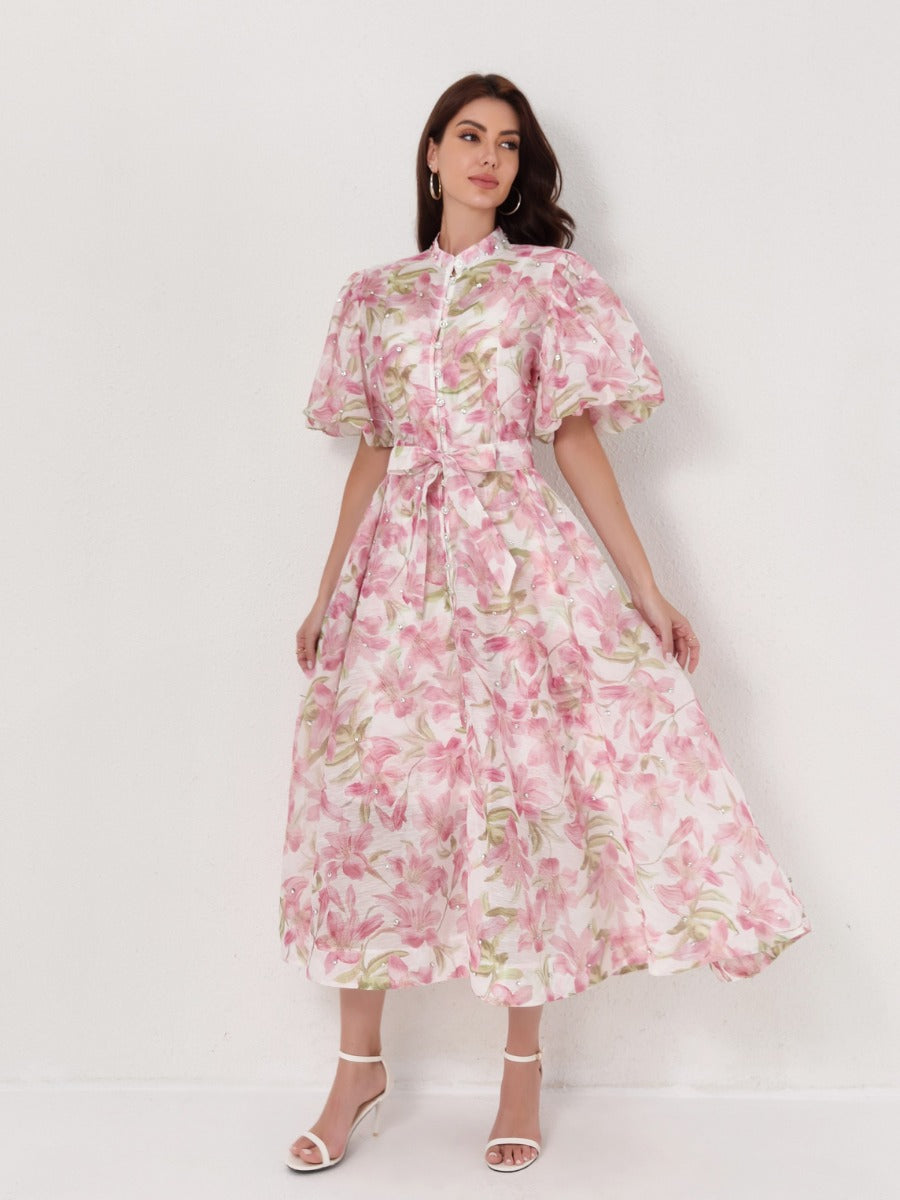 Beaded Short Sleeve Single-Breasted Dresses