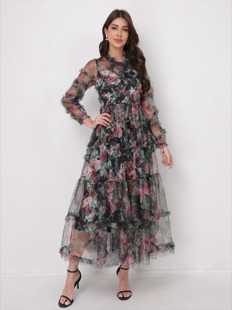 Romantic Tulle Print Ruffled Maxi Dress