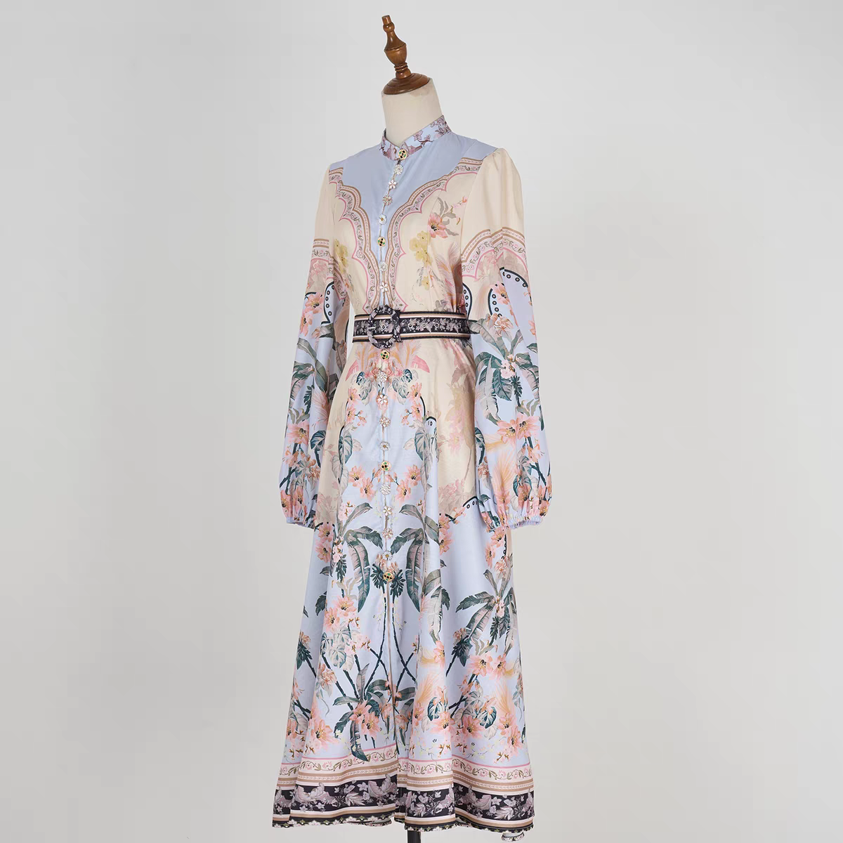 Print Beaded Flower Buttons Dress