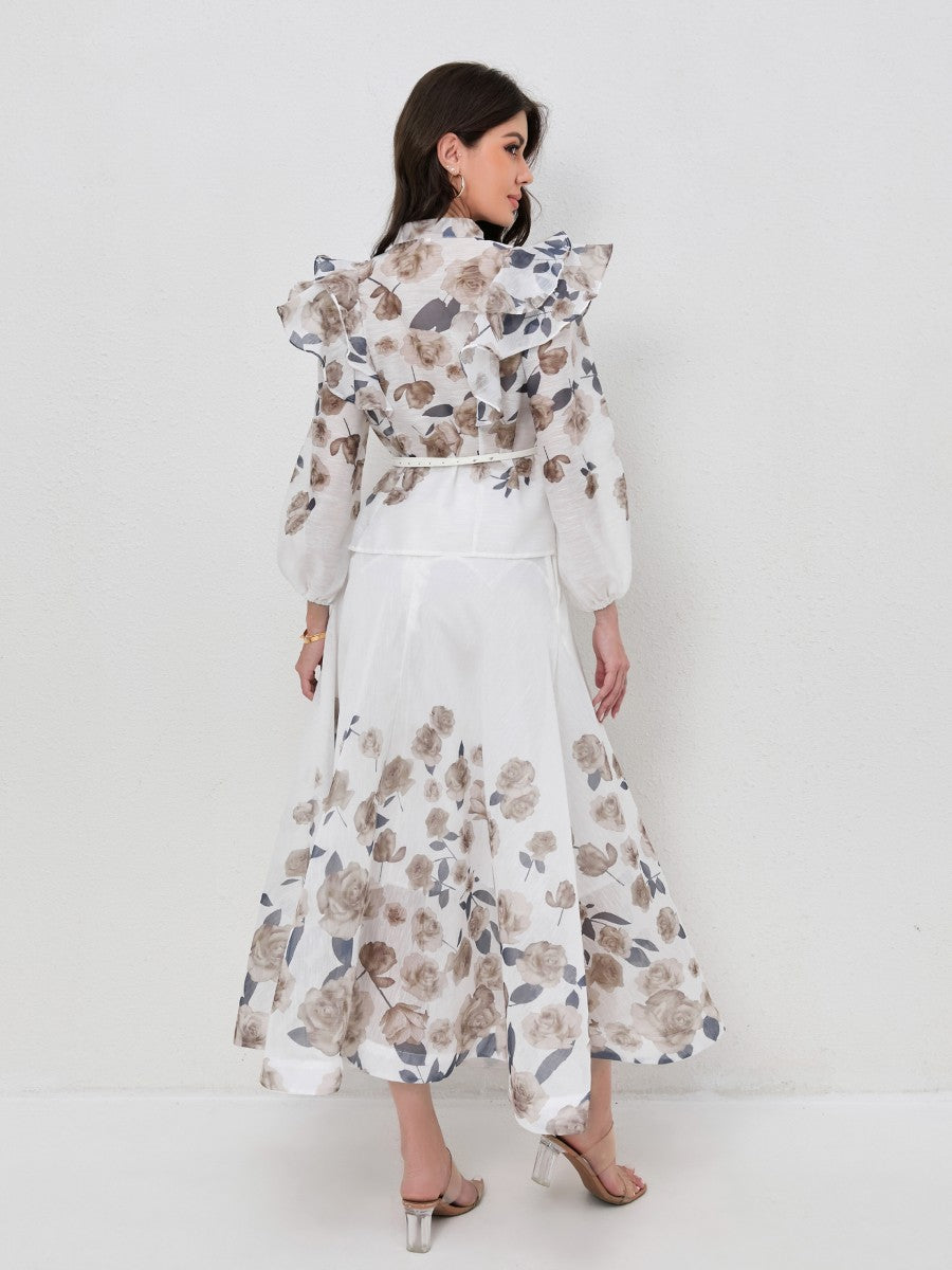 Ruffled Lantern Sleeve Print Blouse Maxi Skirt Set
