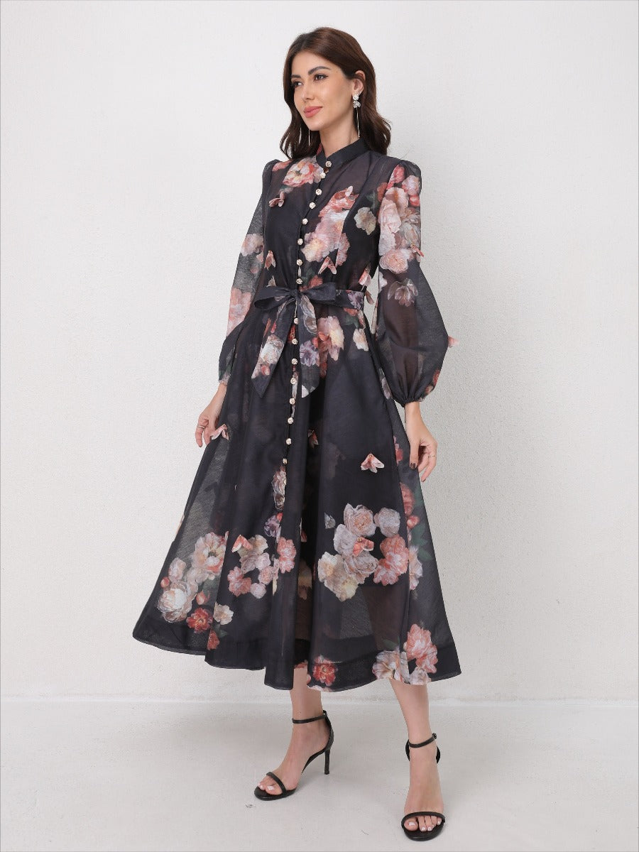 Single Breasted Long Sleeve Florals Maxi Dress